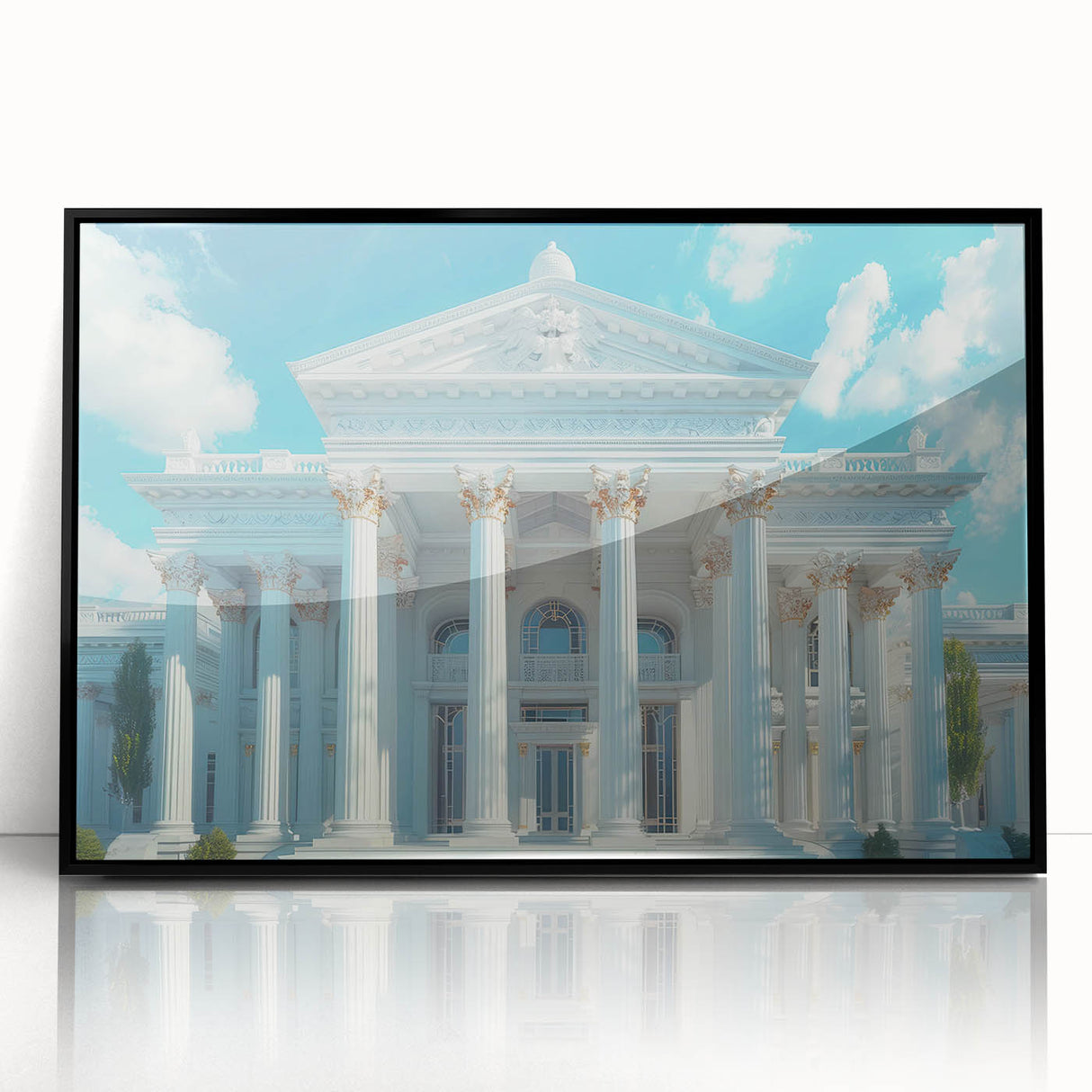 Large abstract wall art featuring overlapping geometric shapes in muted gray and black, acrylic print in a black frame.
