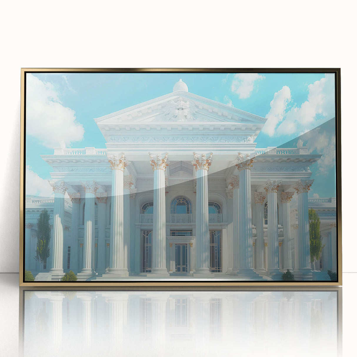 Large art print of mid-century modernist columns in gold and white, acrylic framed, ideal for modern art wall decor.