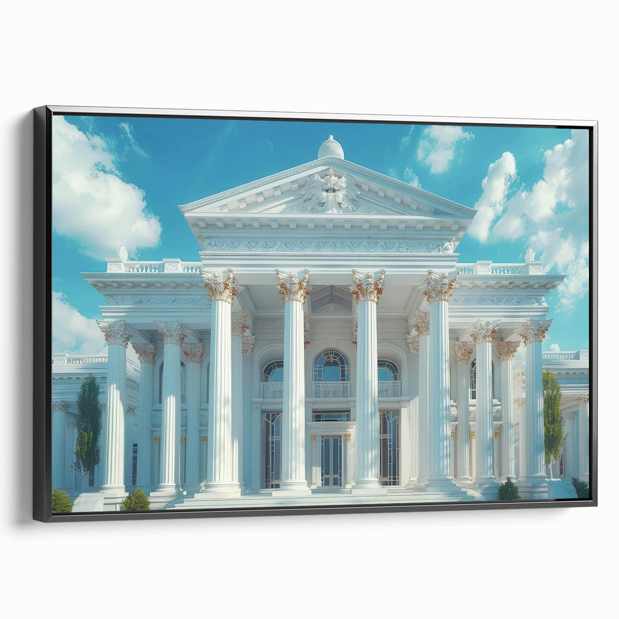 Black and white framed canvas depicting classical architecture columns, suitable for bedroom wall decor.