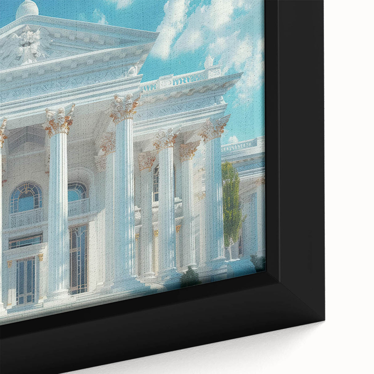 Close-up of a black wall art featuring colorful, textured columns on a framed canvas, ideal for living room decor.