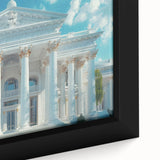 Close-up of a black wall art featuring colorful, textured columns on a framed canvas, ideal for living room decor.