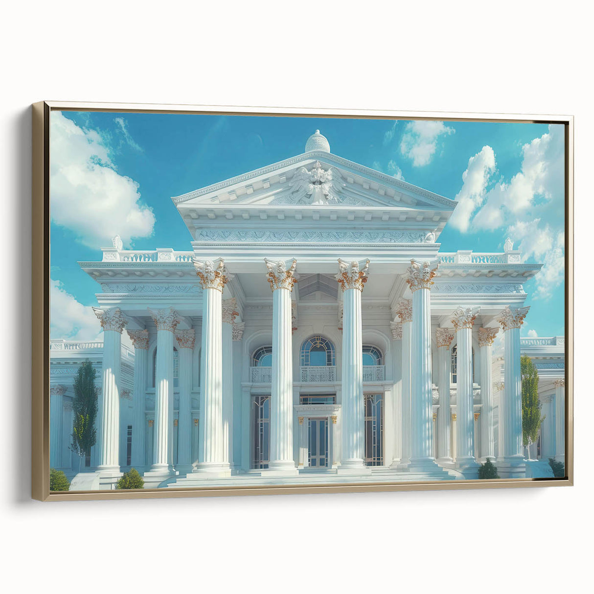 Framed canvas featuring a vintage poster art of black architectural columns in a landscape format.