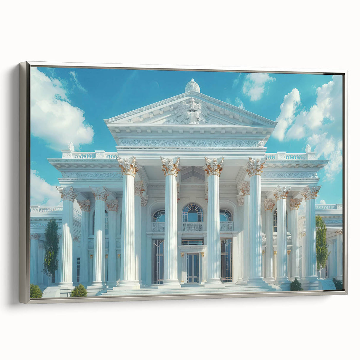 Landscape art painting featuring black and colorful vintage poster art on a silver-framed canvas.