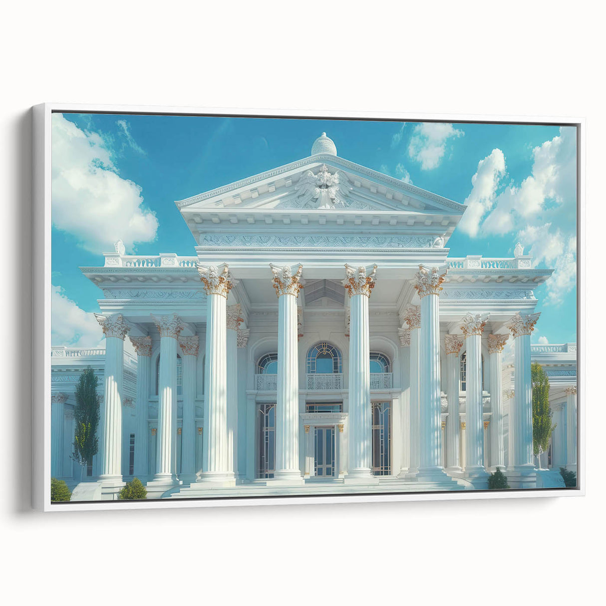 Vintage poster art of classical columns in black and white on a framed canvas, suited for large living room walls.