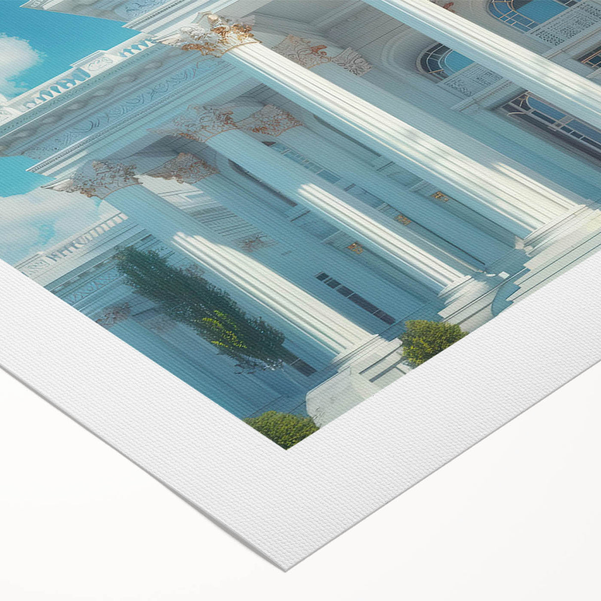 Art deco poster of classical columns in monochrome, printed on rolled canvas, suitable for dining room or bathroom.