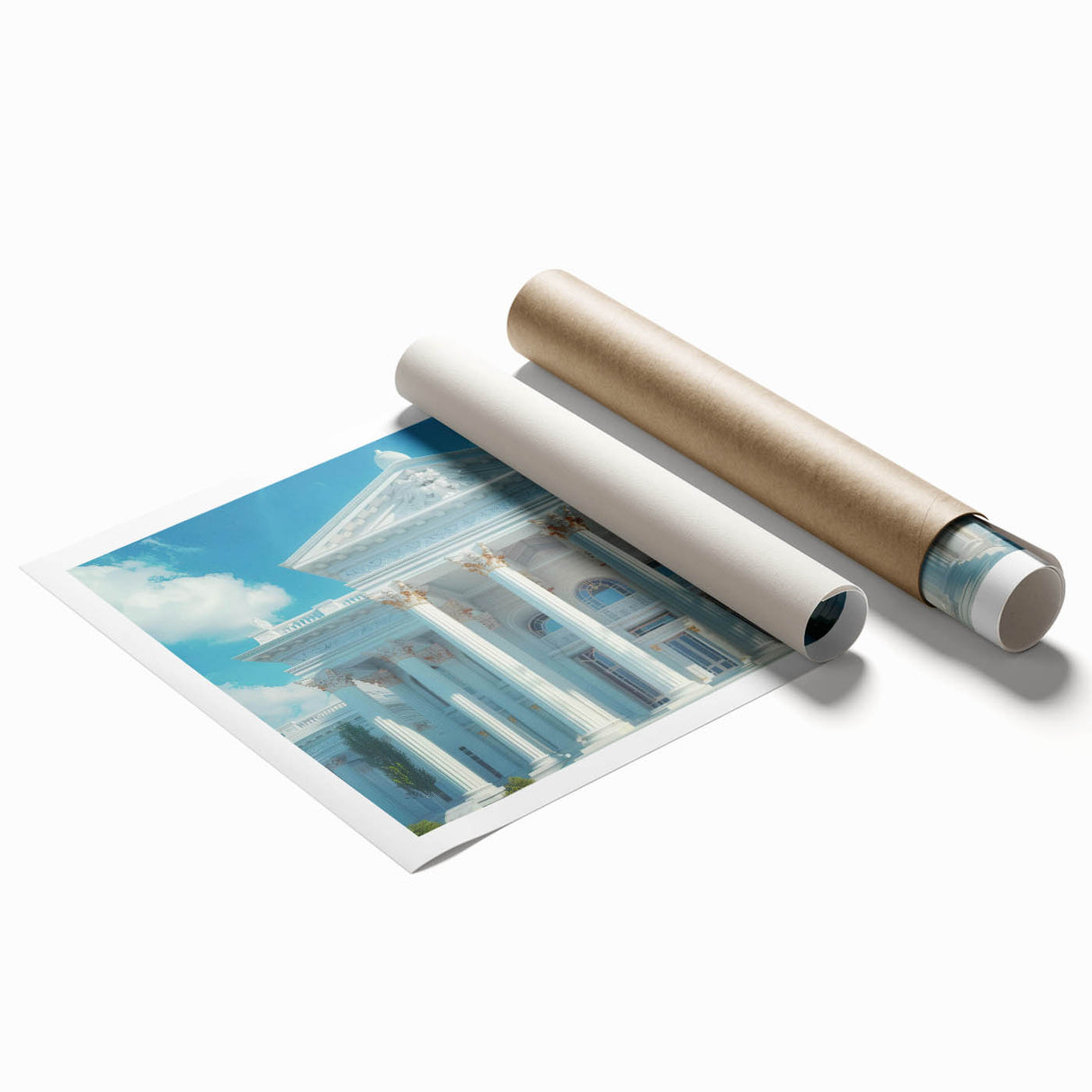 Extra large rolled print of classical columns with floral accents in soft beige tones, ideal for classy bathroom wall decor.