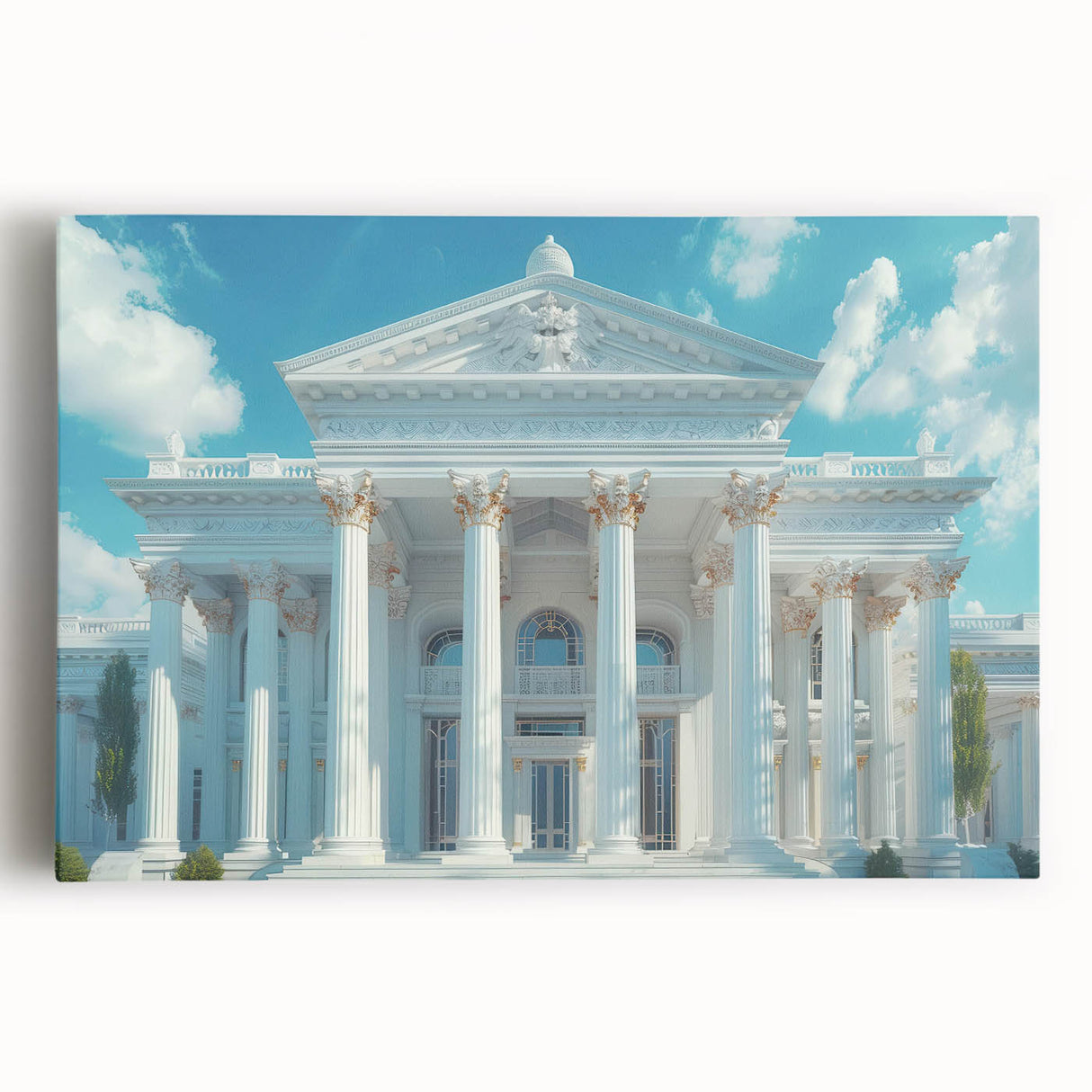 Black and white photo of classical columns on stretched canvas, ideal for kitchen wall art.