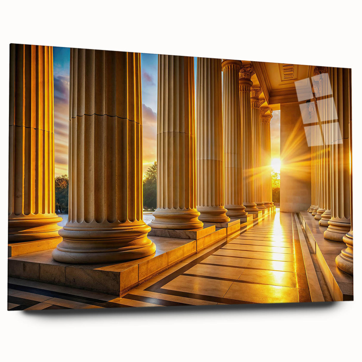 Large abstract wall art on acrylic glass depicting monochrome architectural columns.