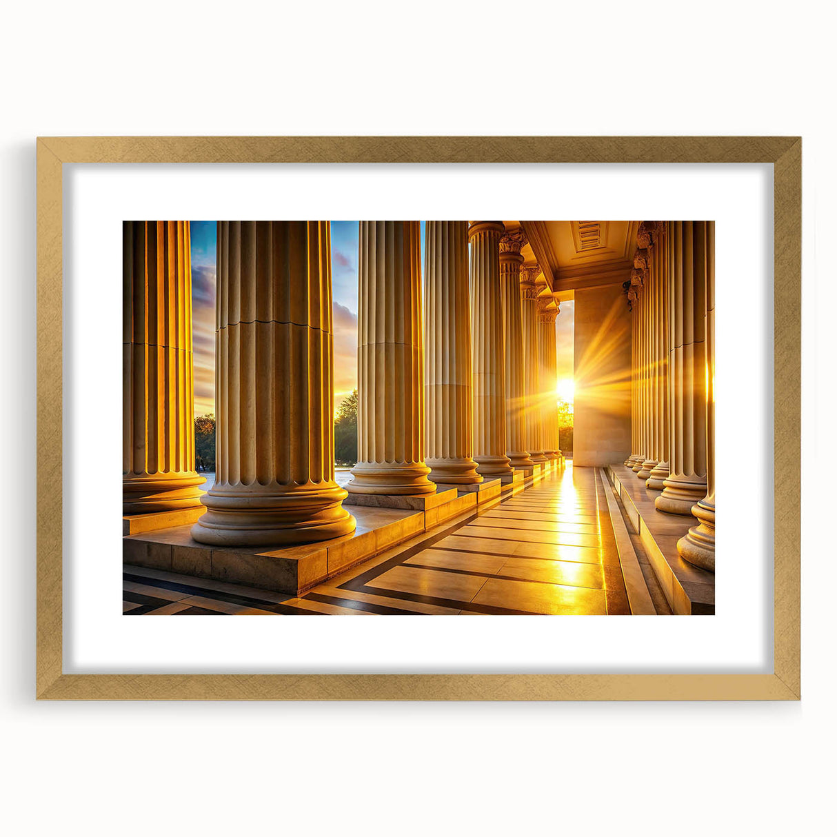 Extra large abstract art print featuring textured columns in muted gold tones on a framed canvas.