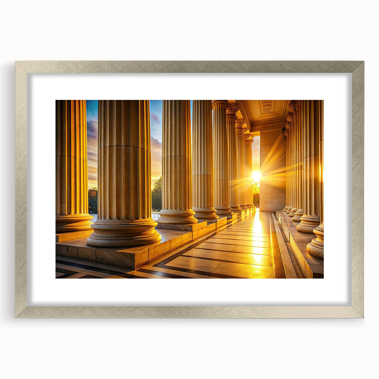Textured art depicting abstract columns in muted gray and silver tones, ideal for modern bedroom ambiance.