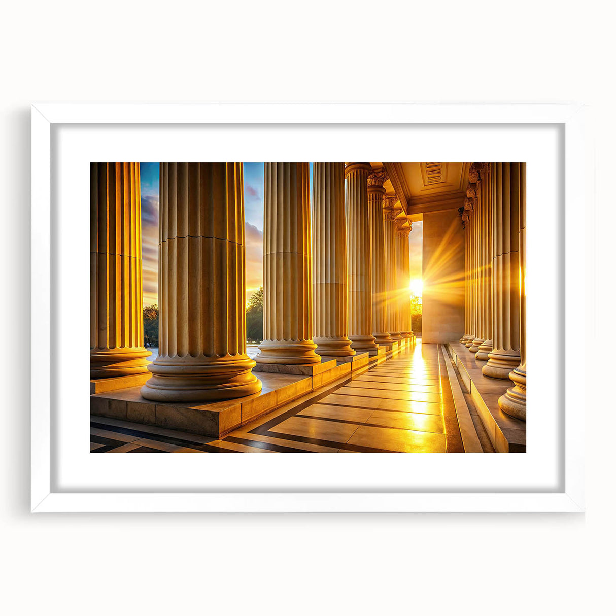 Abstract art print featuring a series of white columns on a gray backdrop, framed in white.
