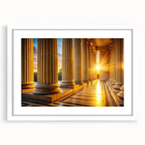 Abstract art print featuring a series of white columns on a gray backdrop, framed in white.