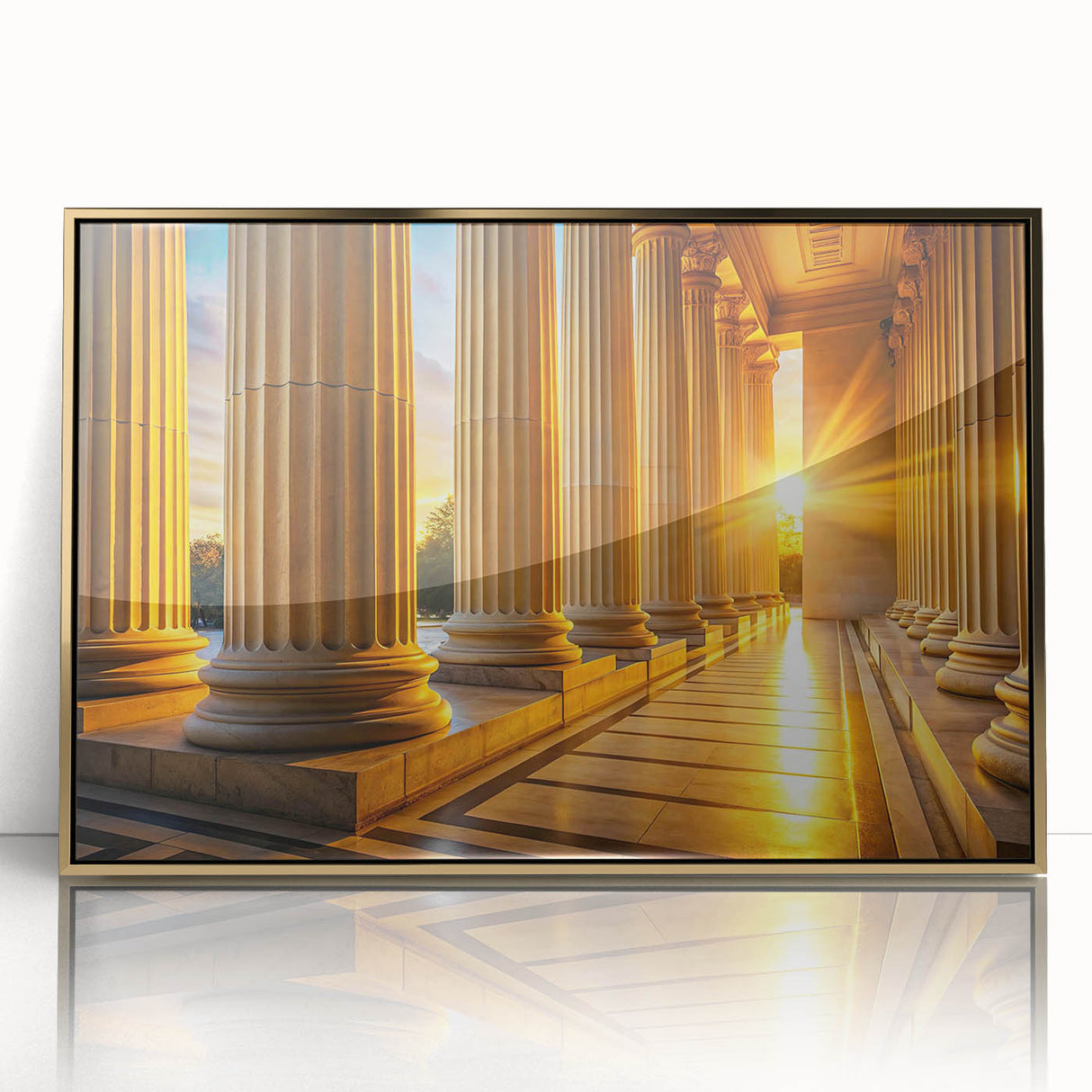 Mid-century modernist art of gold architectural columns on a large acrylic print, suitable for modern art wall decor.