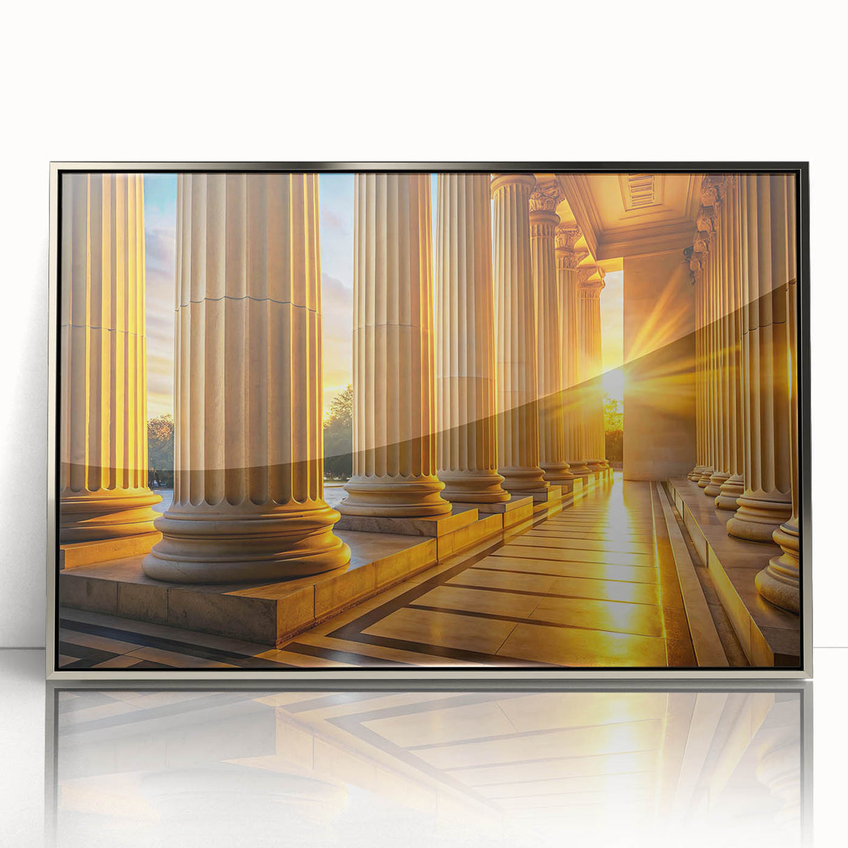 Mid-century modernist art featuring silver framed acrylic print of architectural columns in muted tones.