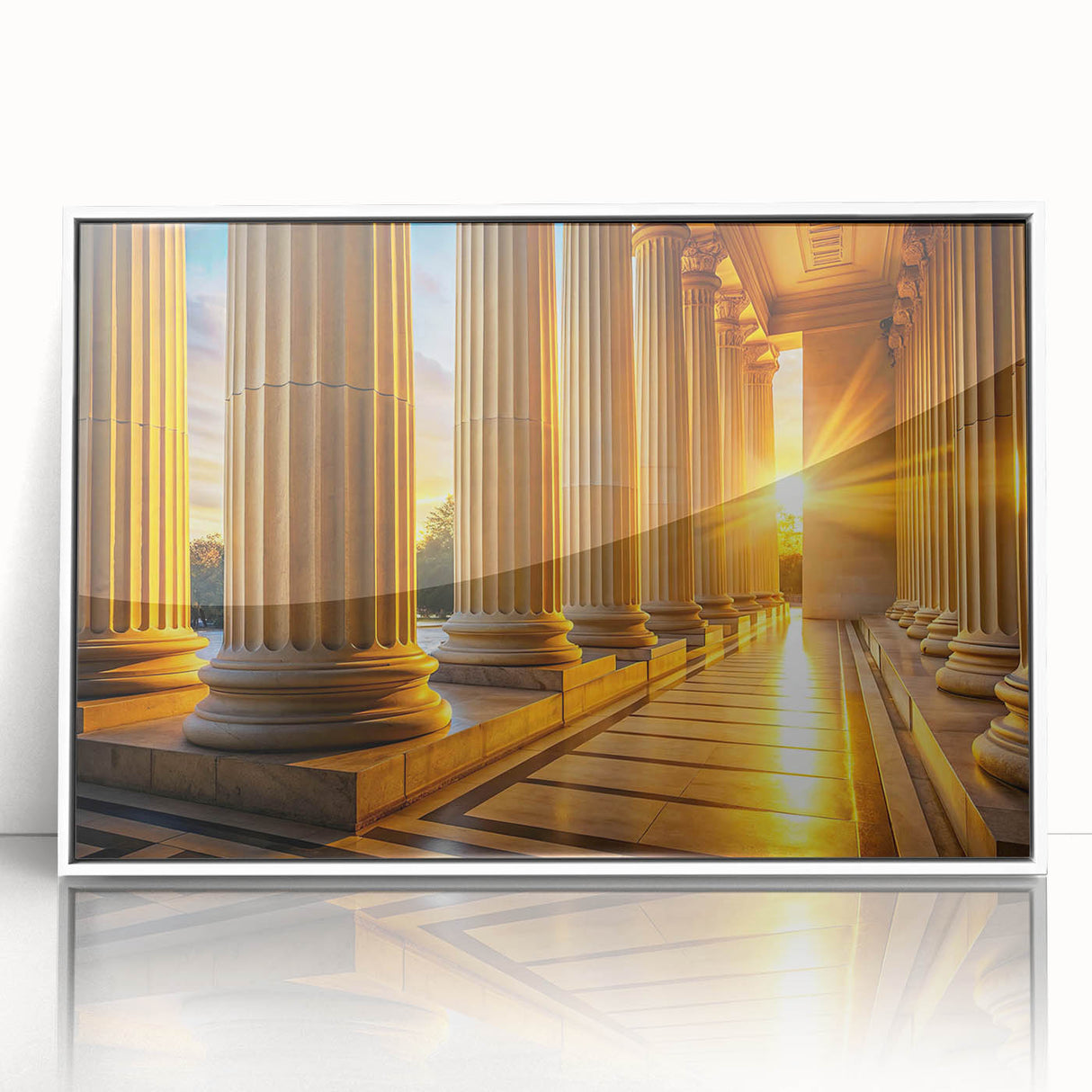 Art deco poster of white architectural columns on a black background, framed acrylic, ideal for modern art wall decor.