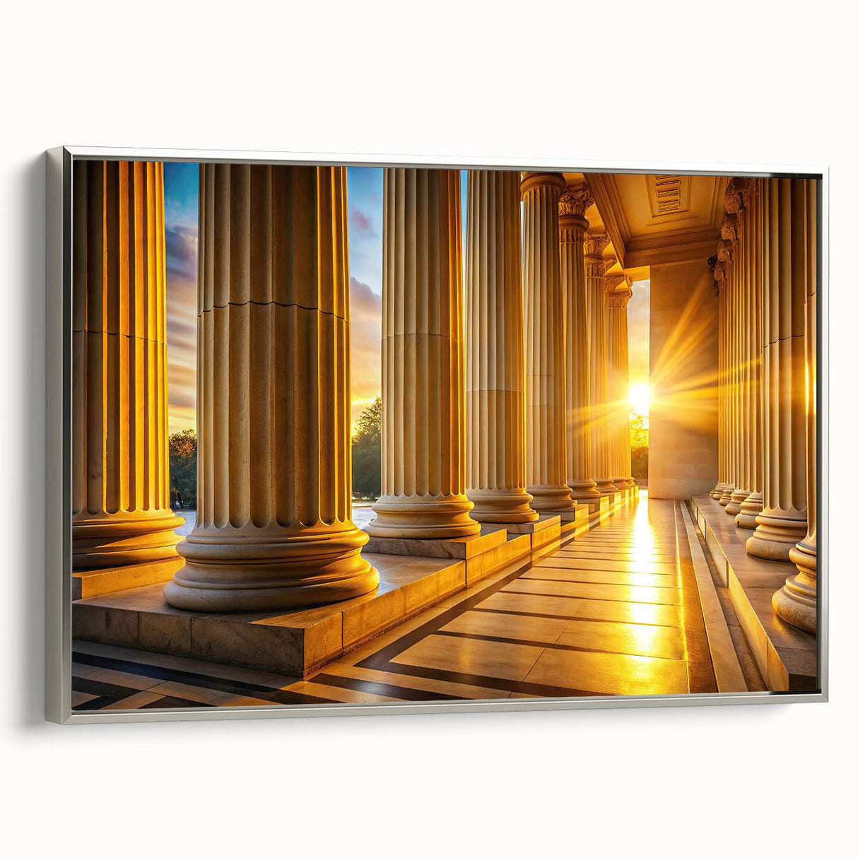 Framed canvas of vintage-style landscape art featuring colorful columns, ideal for enhancing a living room or office.