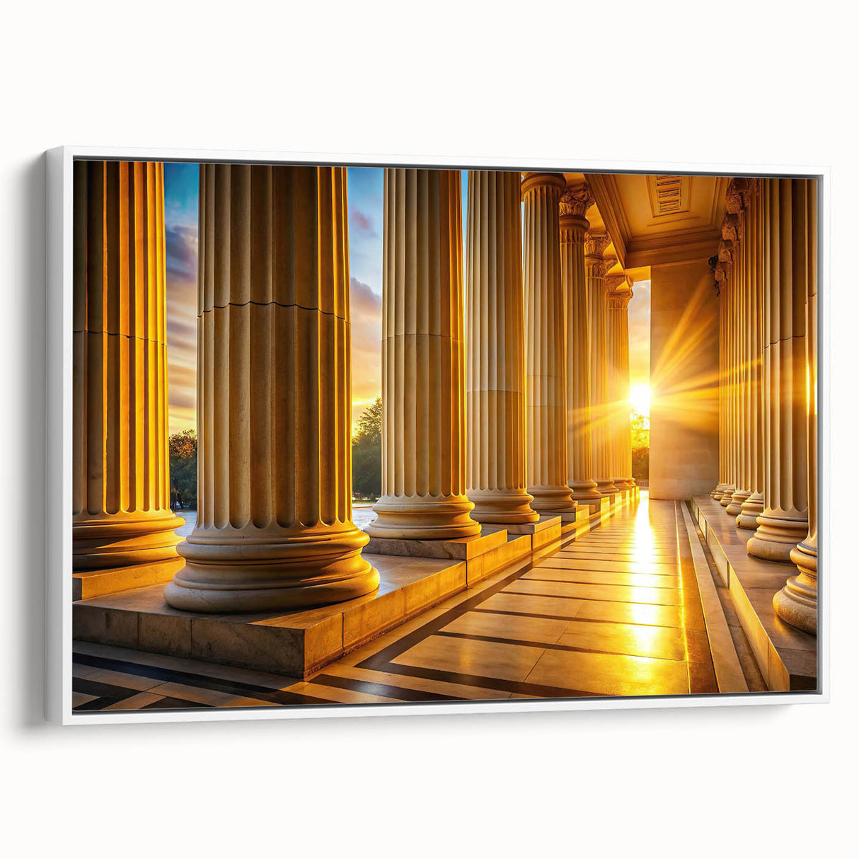 Vintage poster art of classical columns in black and white on framed canvas, suitable for living room decor.