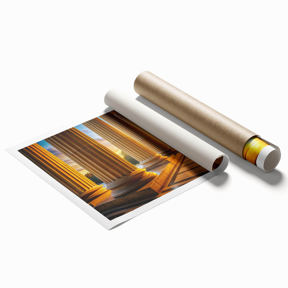 Extra large rolled print featuring a close-up of classical columns with floral carvings, rendered in soft gray tones.