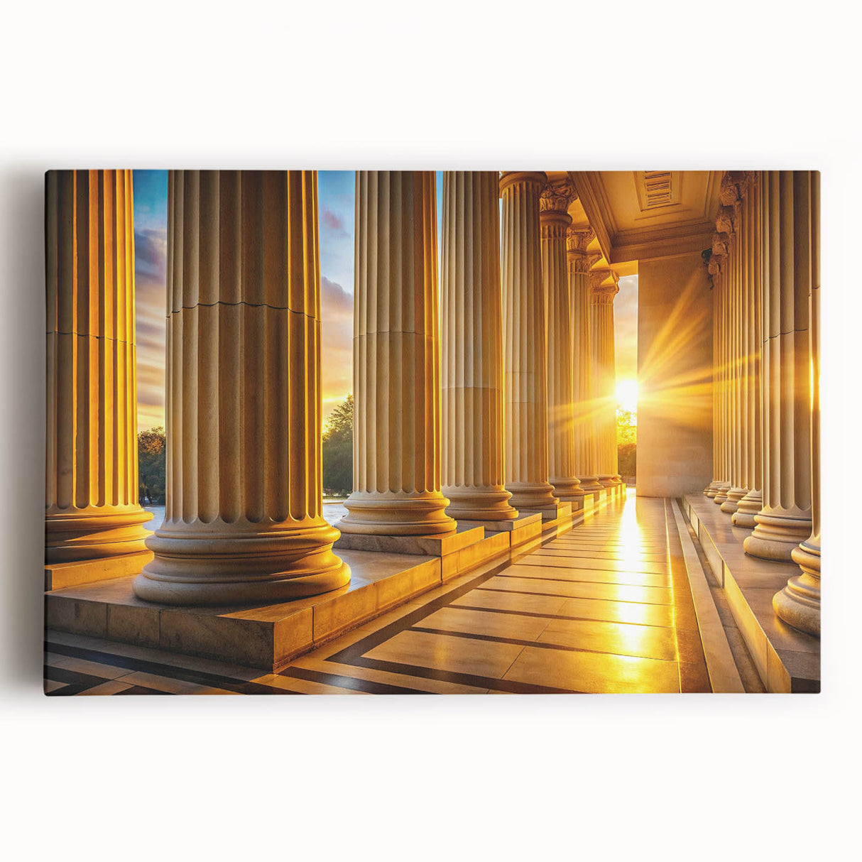 Black and white photo of classical columns on stretched canvas, ideal for kitchen wall art.
