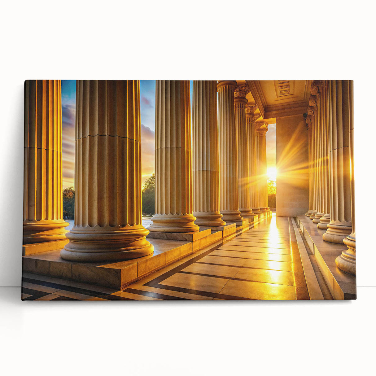 Black and white photo of classical columns on stretched canvas, ideal for kitchen wall art or bedroom ambiance.
