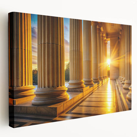 Side view of a large stretched canvas featuring a classical architecture design with detailed columns.