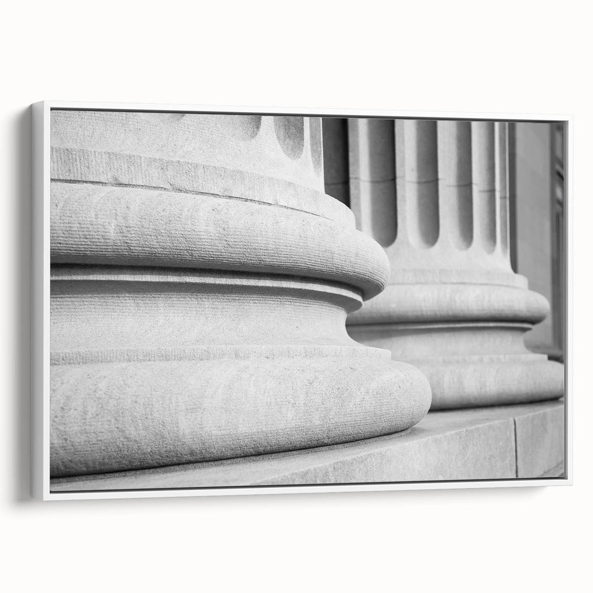 Vintage poster art of classical columns in monochrome, framed canvas ideal for living room decor.