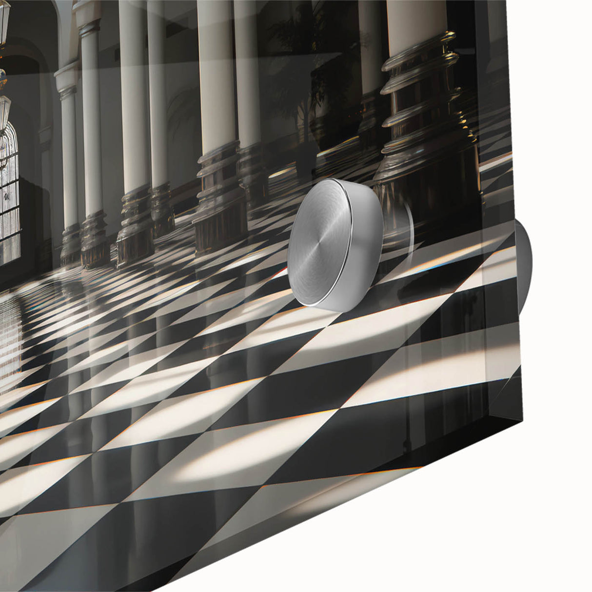 Large abstract wall art on acrylic glass featuring geometric column designs in mid-century modernist style.