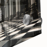 Large abstract wall art on acrylic glass featuring geometric column designs in mid-century modernist style.