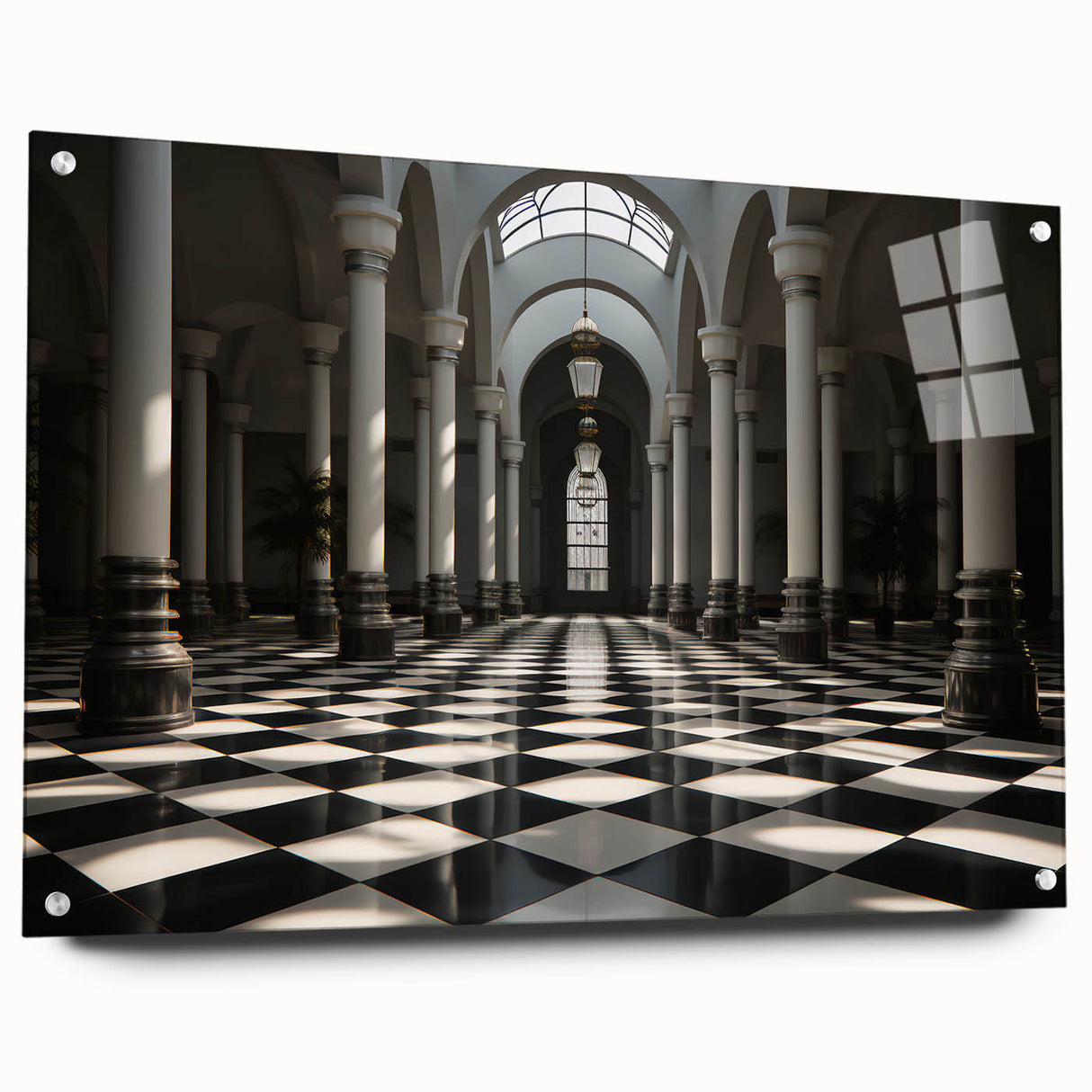 Acrylic print of large abstract wall art featuring columns in muted gray, ideal for modern bedroom or dining room decor.
