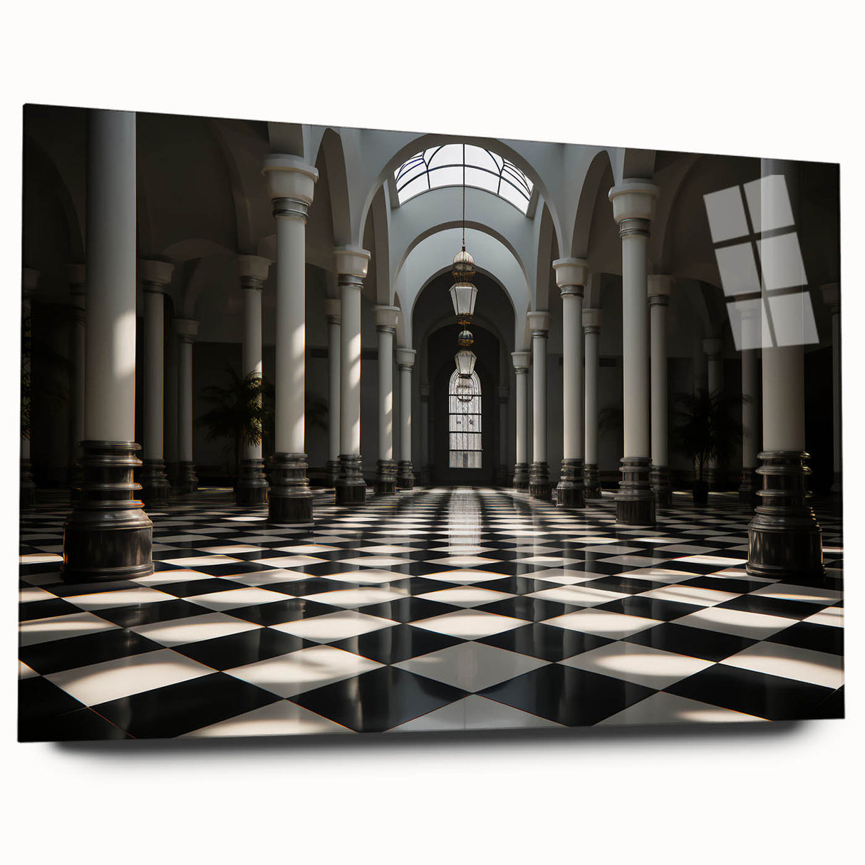 Large abstract wall art on acrylic glass, featuring indistinct shapes in soft gray tones.