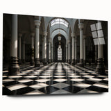 Large abstract wall art on acrylic glass, featuring indistinct shapes in soft gray tones.