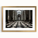 Extra large abstract art print featuring textured columns in muted gold and white tones on a framed canvas.