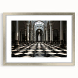 Textured art print of abstract columns in gray and silver tones, framed with a silver mat, ideal for bedroom art.