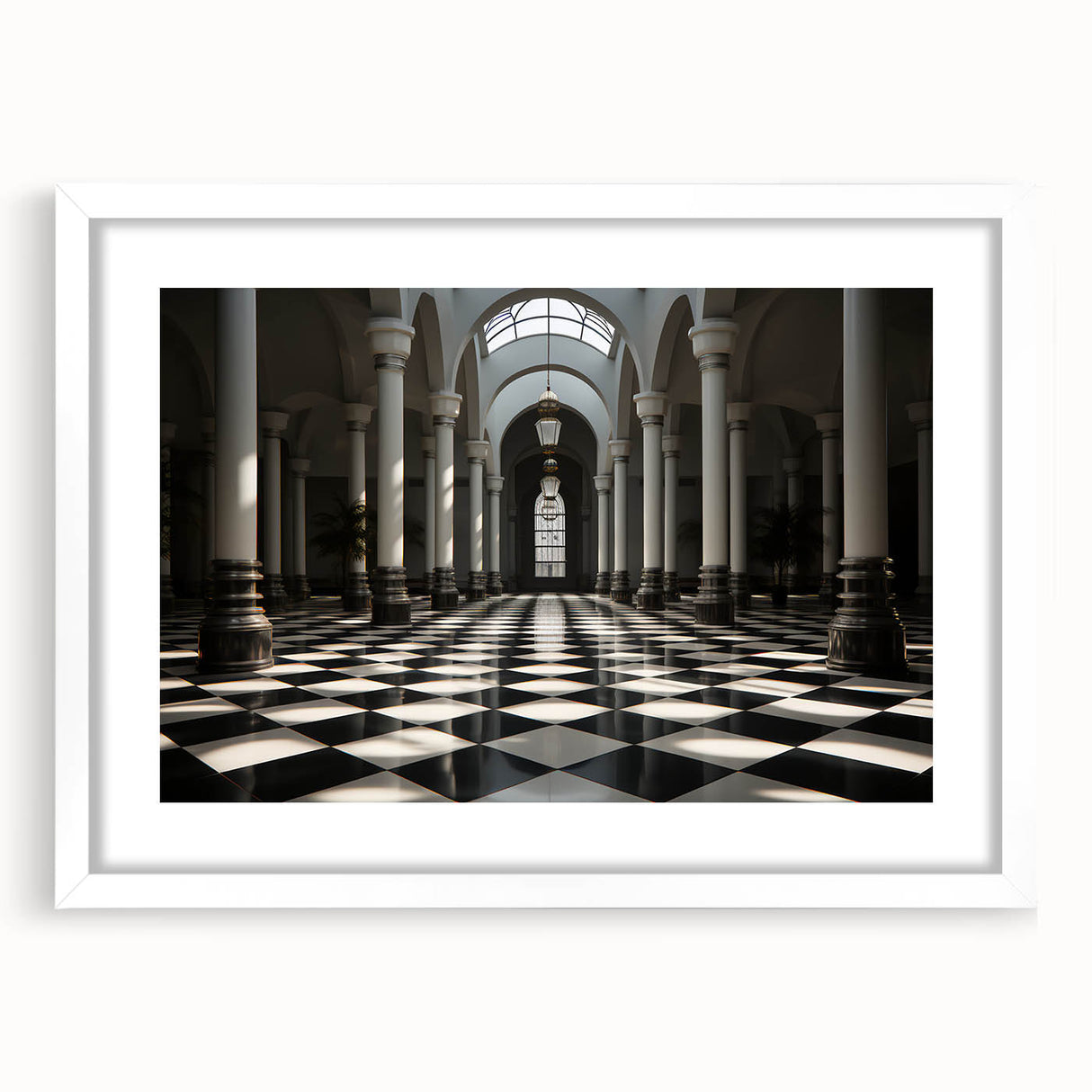 Abstract art print featuring symmetrical column designs in black and white, framed with a white mat.