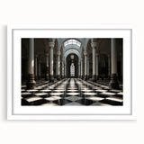 Abstract art print featuring symmetrical column designs in black and white, framed with a white mat.