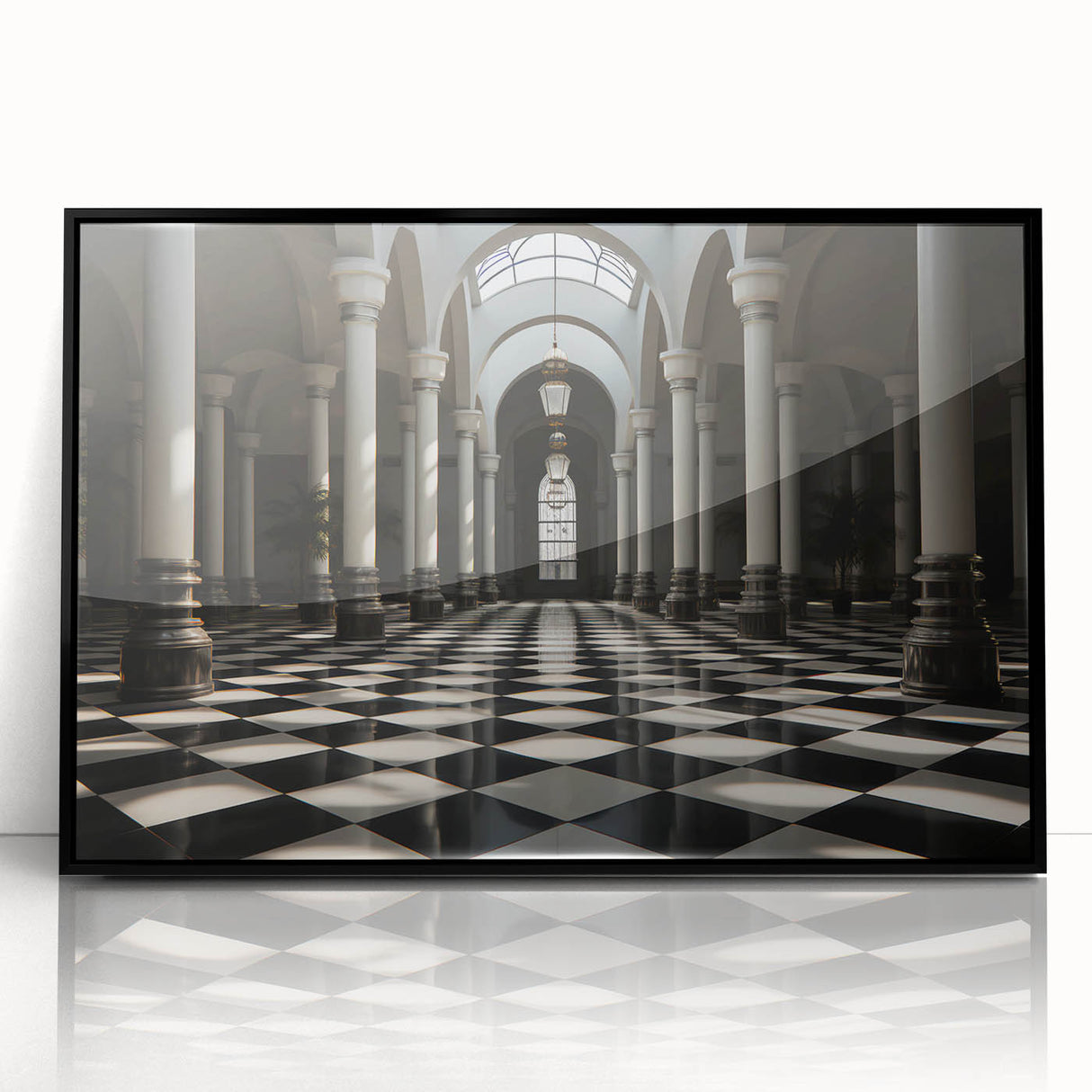 Large abstract wall art featuring mid-century modernist style with black and white columns on acrylic in a black frame.