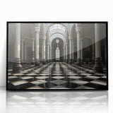 Large abstract wall art featuring mid-century modernist style with black and white columns on acrylic in a black frame.