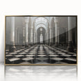 Mid-century modernist art print featuring golden columns on a framed acrylic, ideal for modern art wall decor.