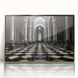 Mid-century modernist art print featuring golden columns on a framed acrylic, ideal for modern art wall decor.