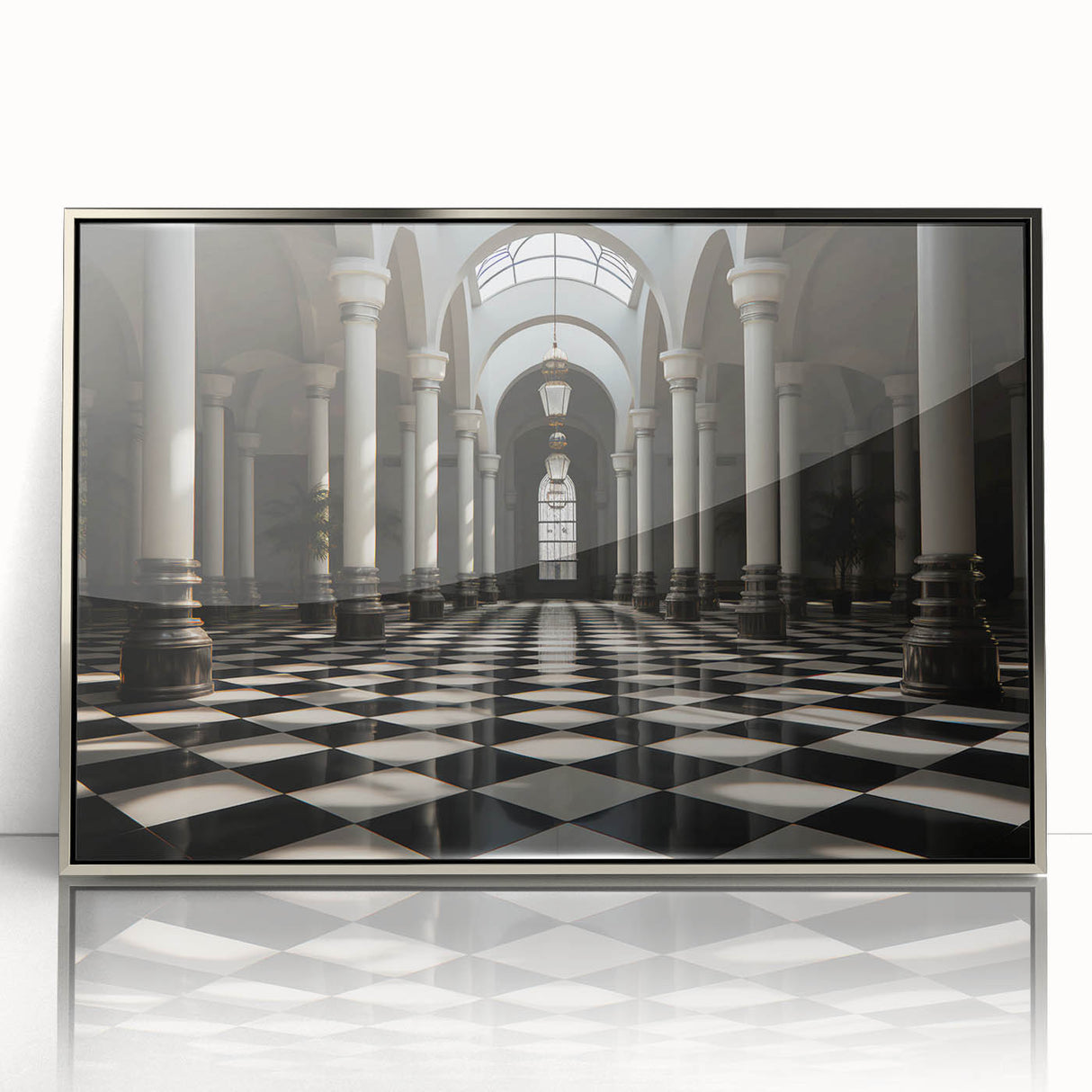 Mid-century modernist art depicting silver columns in an acrylic print, suitable for modern art wall decor.