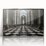 Mid-century modernist art depicting silver columns in an acrylic print, suitable for modern art wall decor.