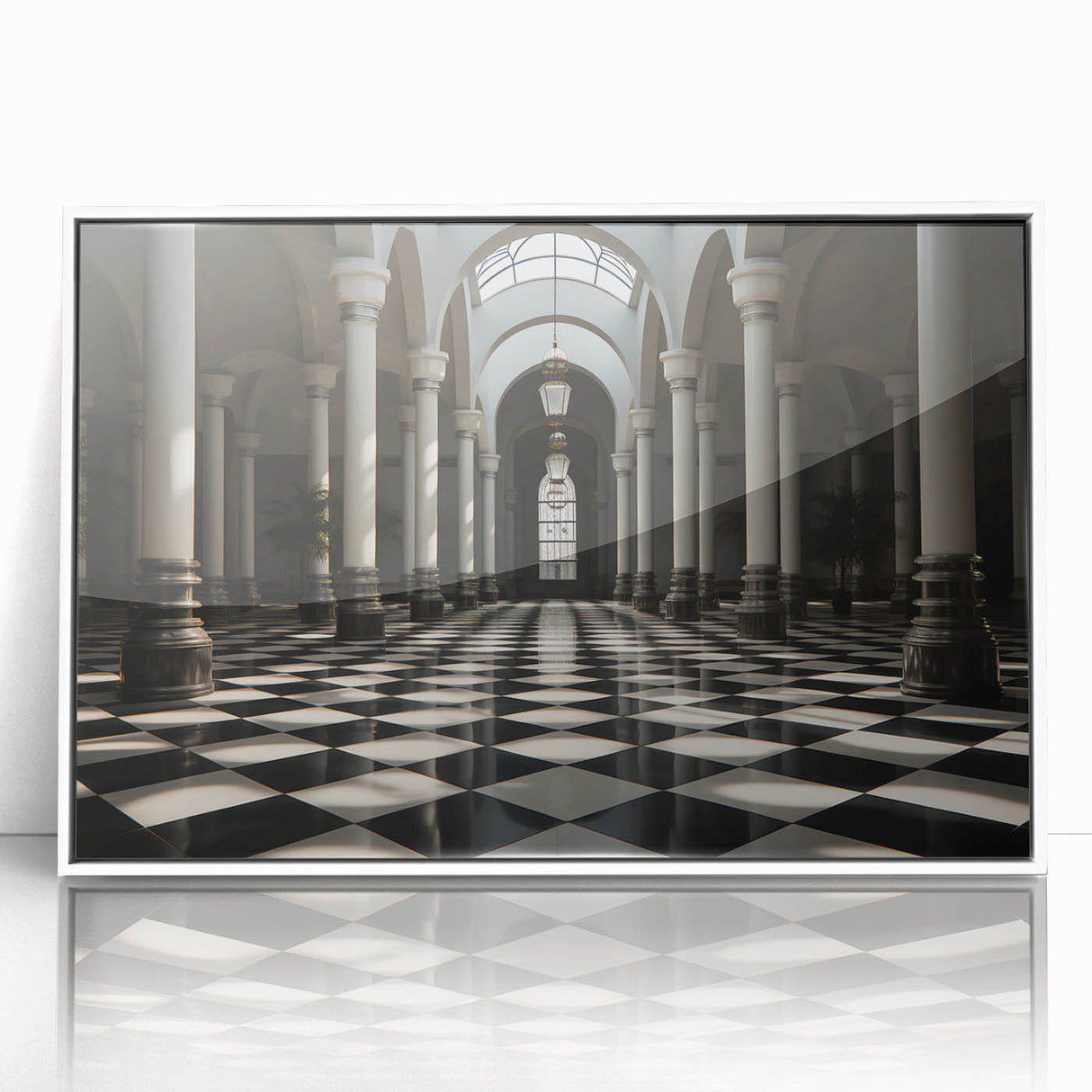 Art Deco poster featuring symmetrical column design in black and white, acrylic framed, ideal for modern art wall decor.