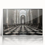 Art Deco poster featuring symmetrical column design in black and white, acrylic framed, ideal for modern art wall decor.