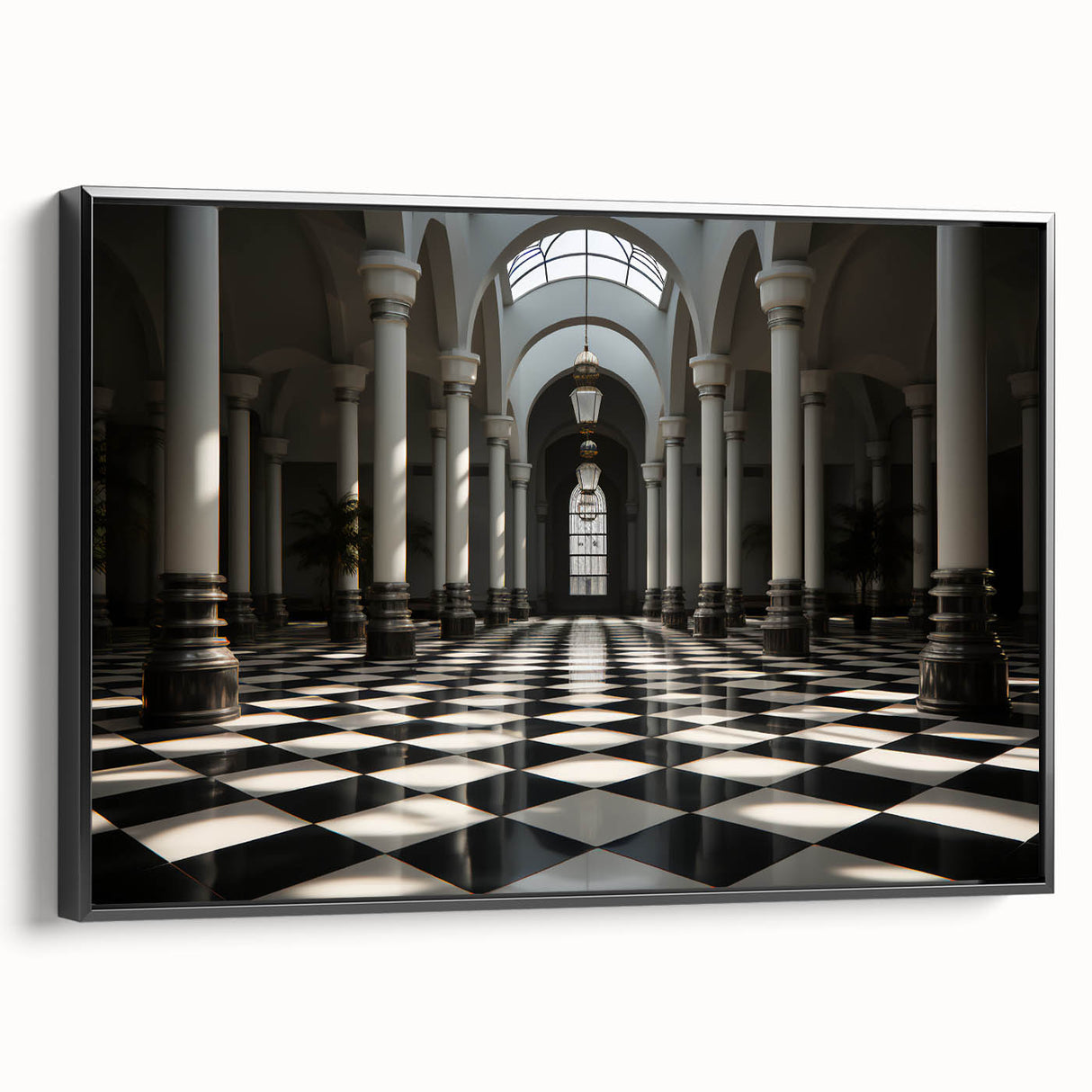 Black and white framed canvas featuring a vintage poster art of classical architecture columns, ideal for bedroom wall decor.