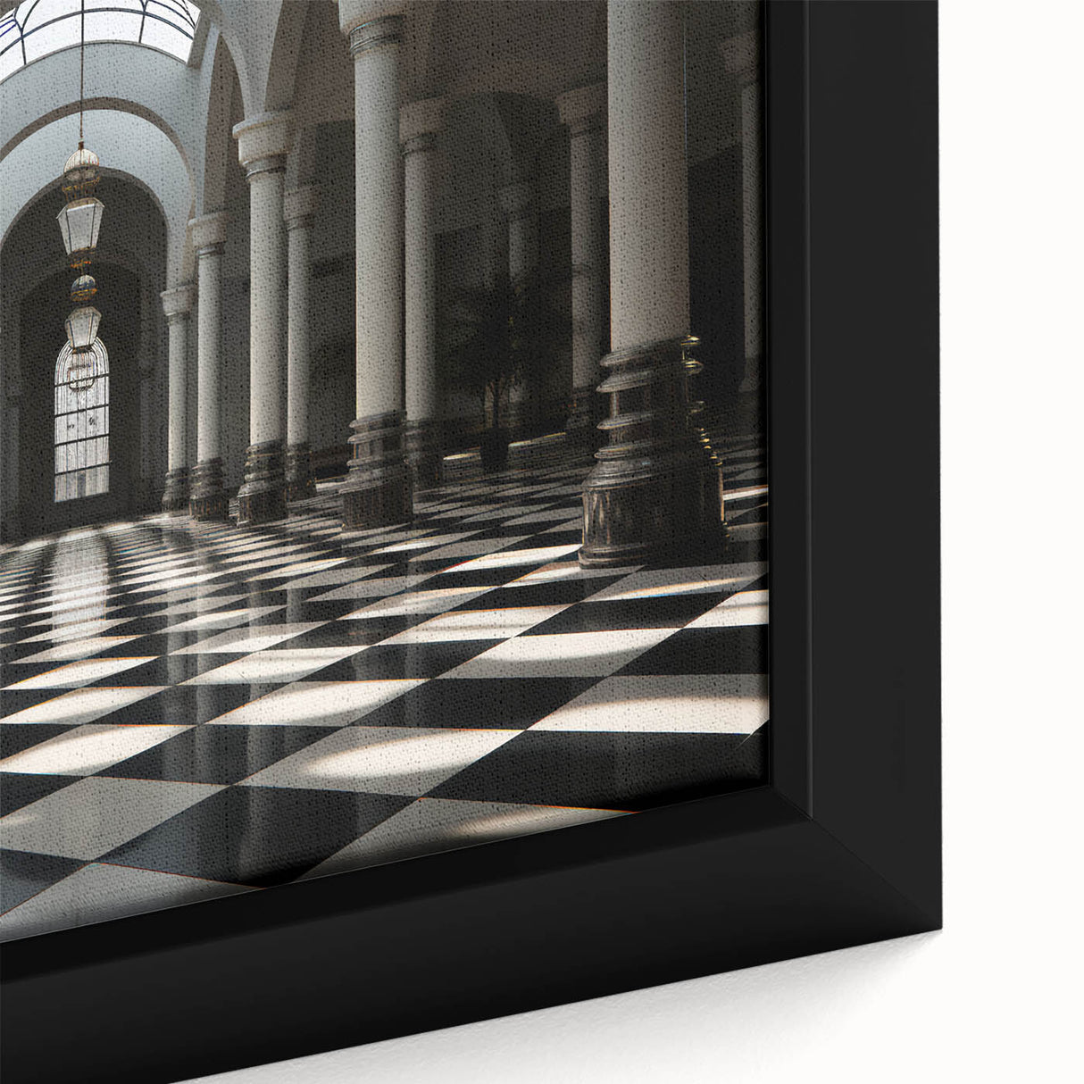 Close-up of black wall art featuring colorful, textured columns on a framed canvas, ideal for living room decor.