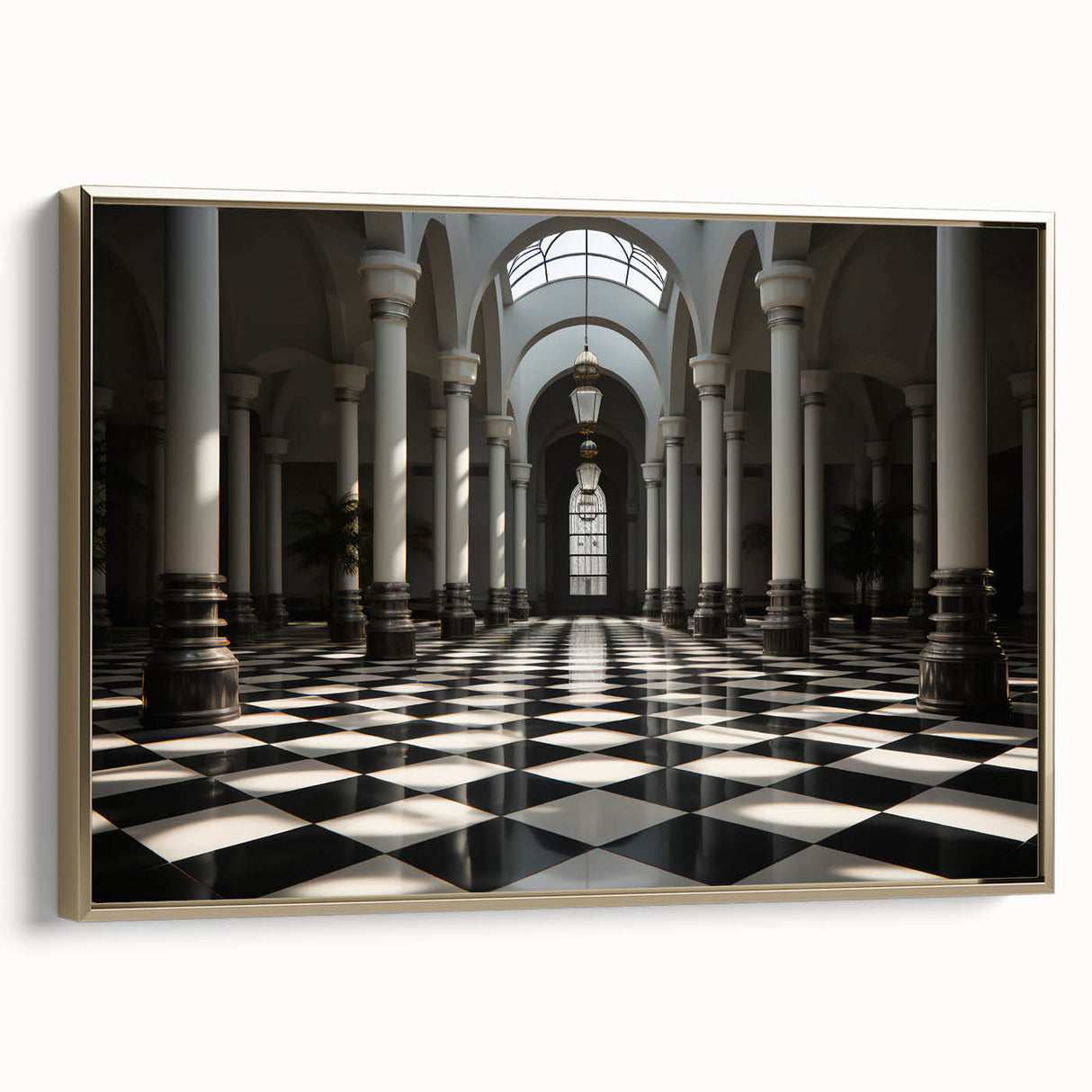 Framed canvas featuring a vintage poster art of architectural columns in black, ideal for bedroom wall decor.
