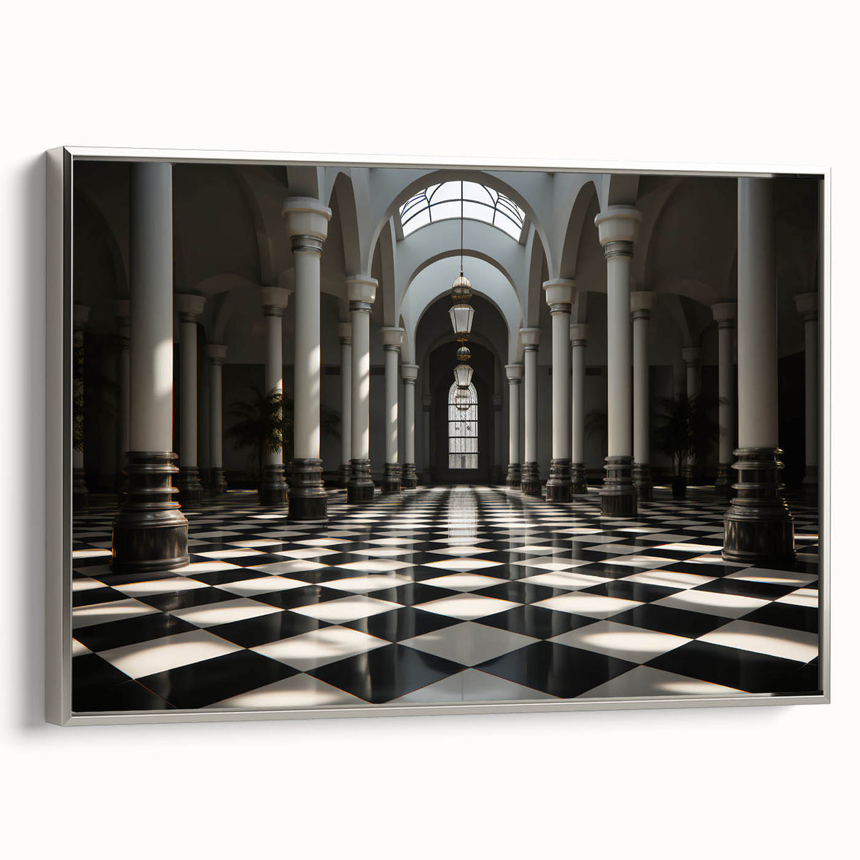 Landscape art painting of classical columns in black and colorful tones on a framed canvas, ideal for office decor.