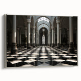 Landscape art painting of classical columns in black and colorful tones on a framed canvas, ideal for office decor.