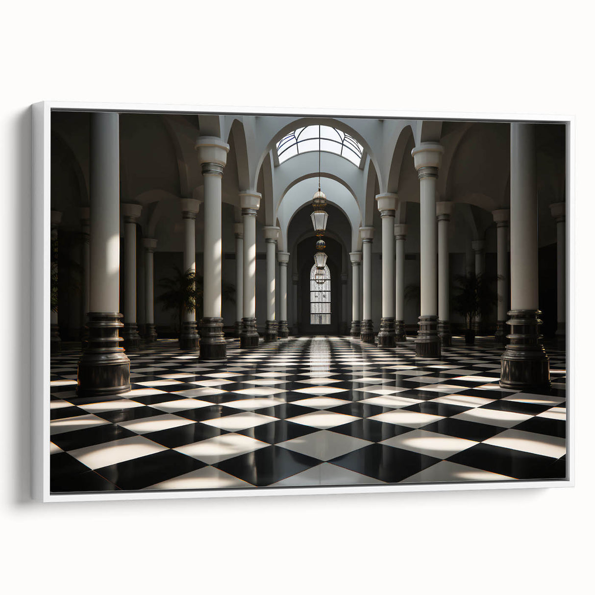 Vintage poster art of classical columns in black and vibrant hues on a large framed canvas, ideal for living room decor.