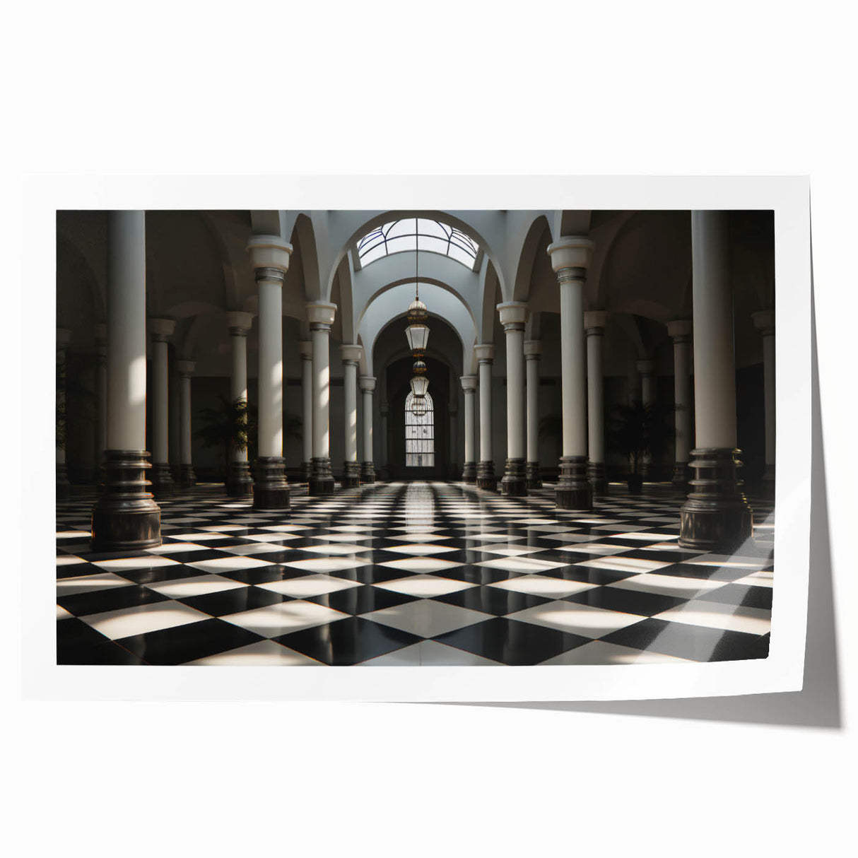 Extra large rolled print featuring a floral art design with classical columns, in muted pastel shades.